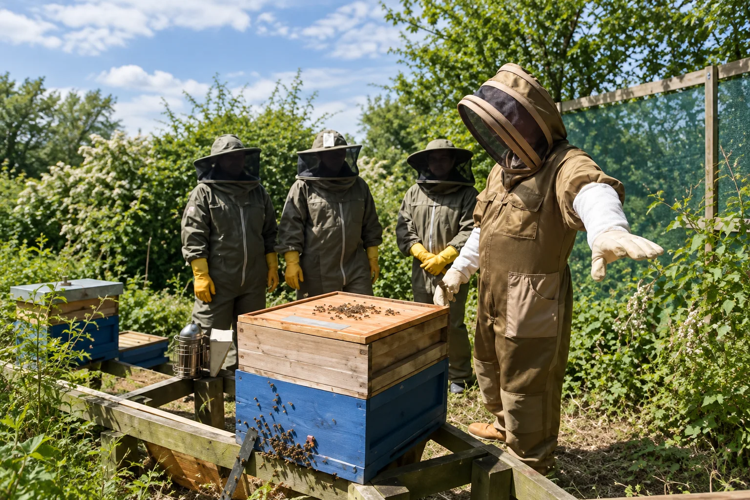 Beekeepers working together around a hive at the apiary.