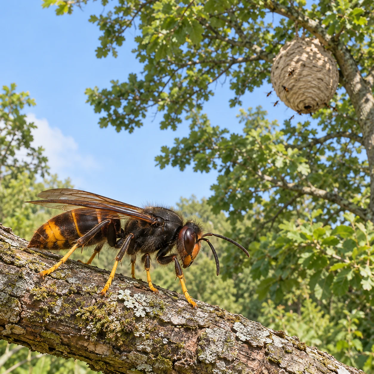 A yellow-legged Asian hornet below a high nest in a tree.