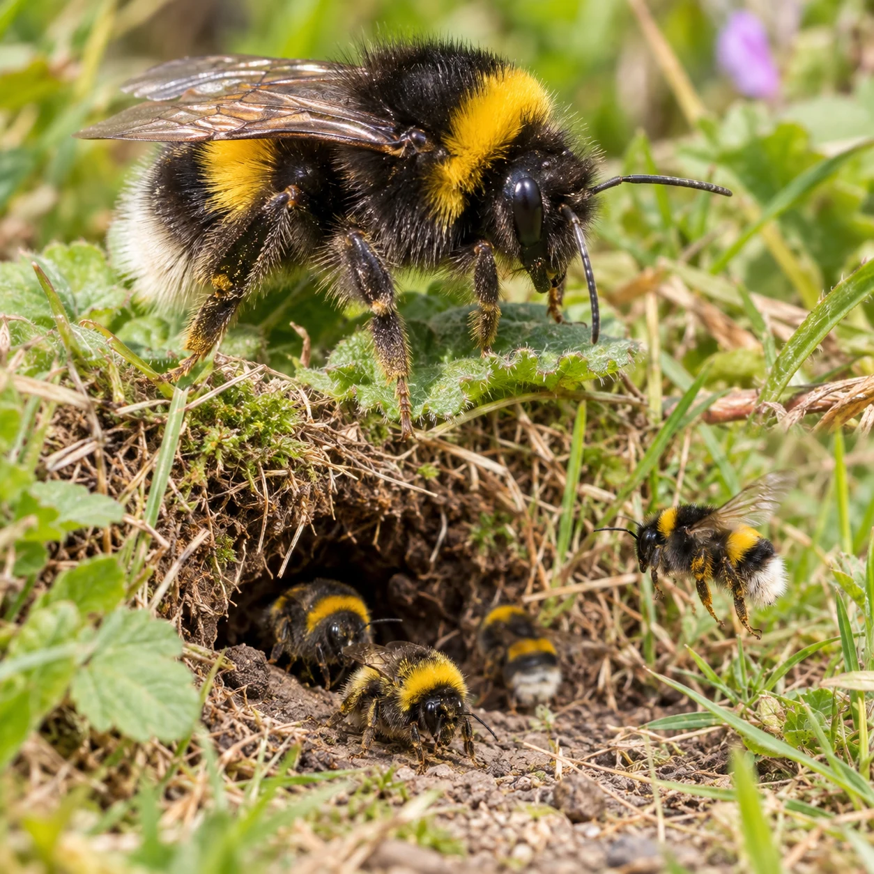 A bumblebee near the entrance to a nest in the grass.