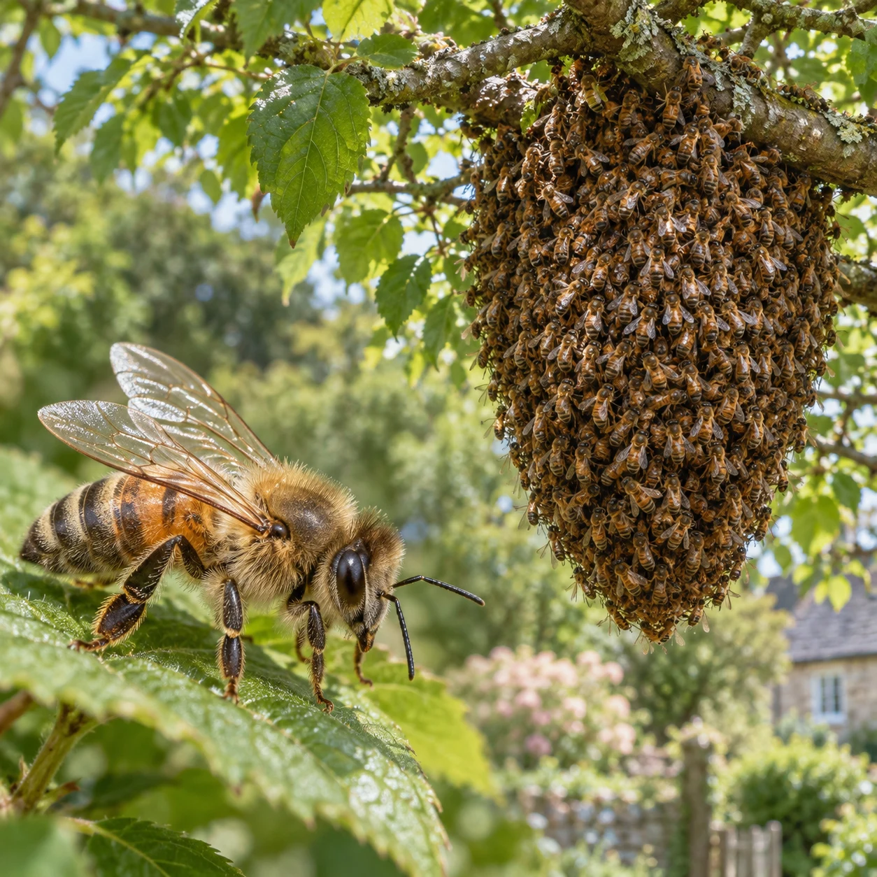 A honey bee swarm clustered beneath a tree branch.