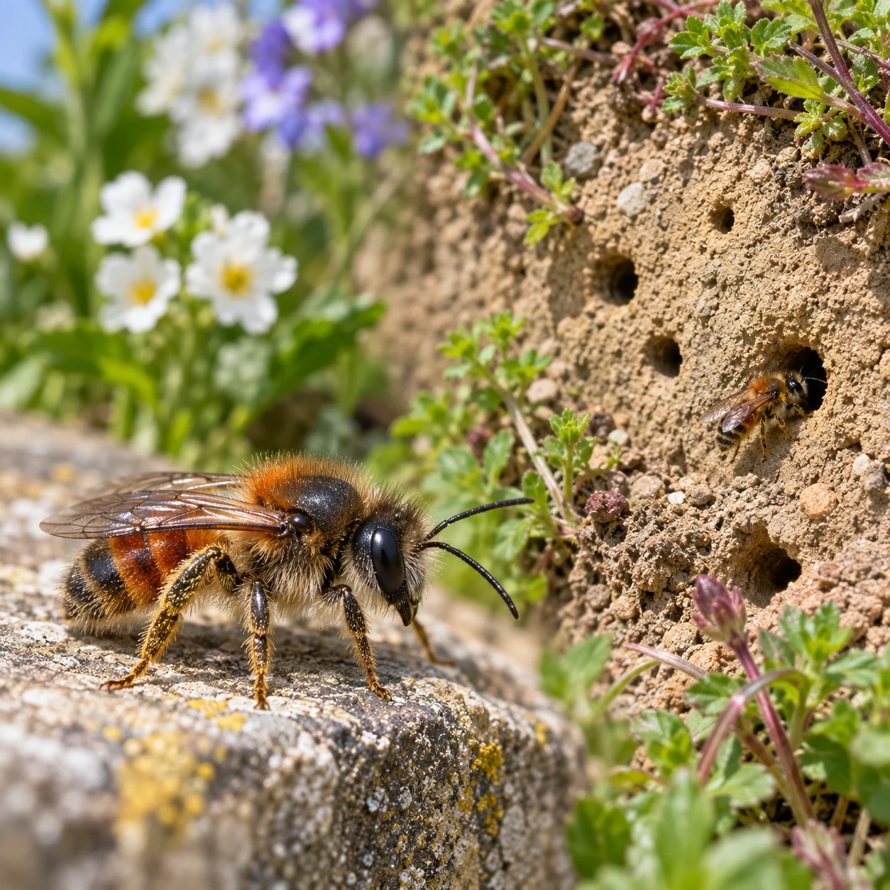 A solitary bee beside individual nesting holes in a soil bank.