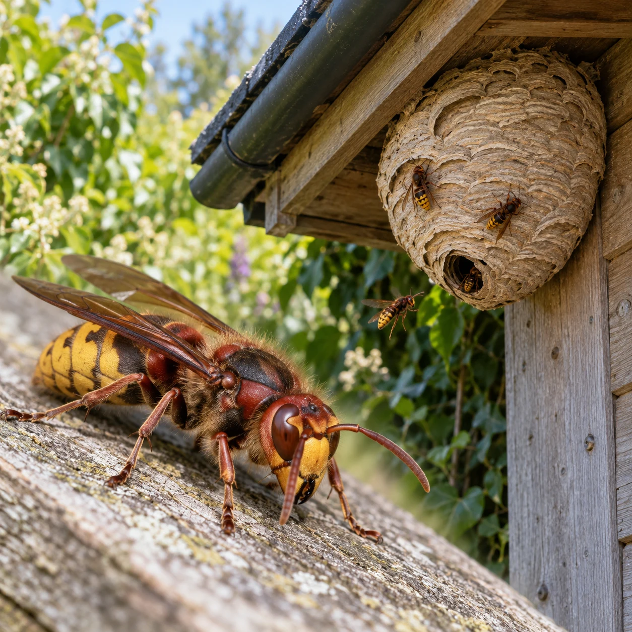 A European hornet beside a papery nest beneath a roof eave.
